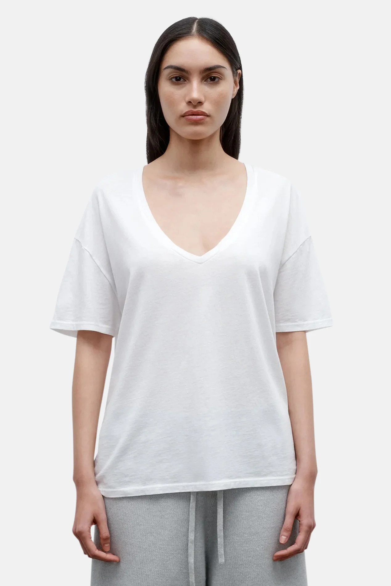 Deep V Tee White | Blue & Cream