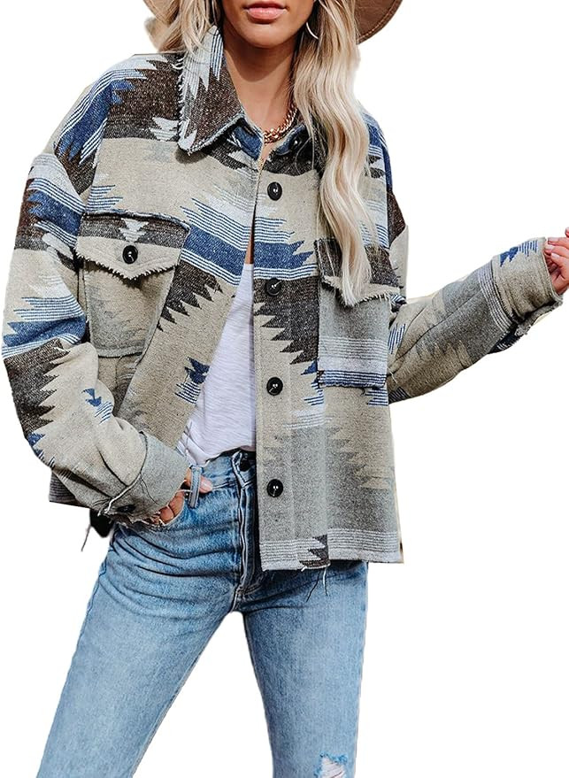 Sidefeel Womens Geometric Button Up Shacket Jacket Loose Fit Coat | Amazon (US)