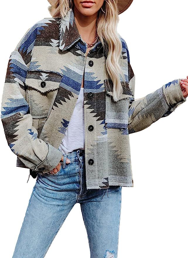 Sidefeel Womens Geometric Button Up Shacket Jacket Loose Fit Coat | Amazon (US)