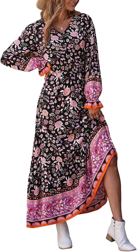 PRETTYGARDEN Long Sleeve Maxi Dress for Women - V Neck Casual Button Down Boho Floral Print Fall Lon | Amazon (US)