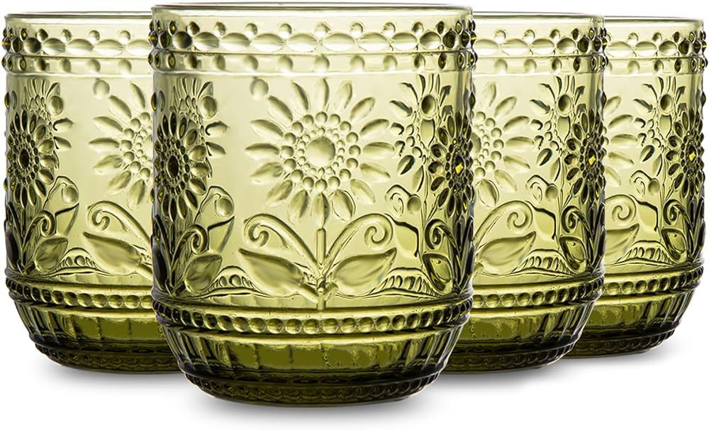Glass Cups Vintage Glassware Drinking Glass Set of 4, Embossed Floral Decorative Glasses Set, for... | Amazon (US)