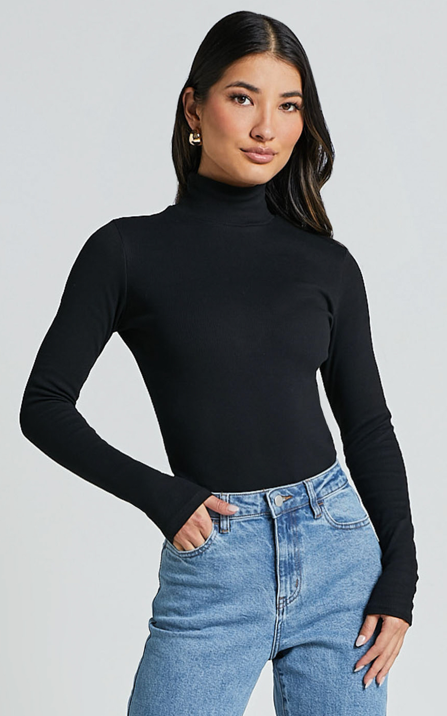 Isabela Bodysuit - High Neck Long Sleeve Ribbed Bodysuit in Black | Showpo (ANZ)