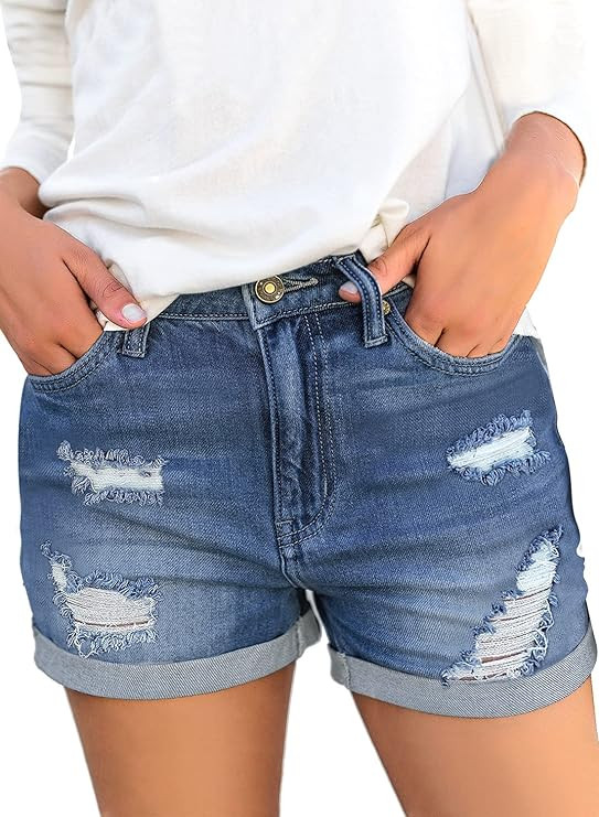 LookbookStore Women's High Waisted Rolled Hem Distressed Jeans Ripped Denim Shorts | Amazon (US)