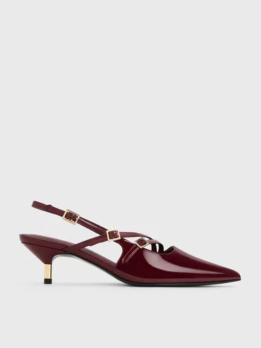 Maroon Patent Buckle-Strap Kitten Heel Slingback Pumps | CHARLES & KEITH UK | Charles & Keith UK