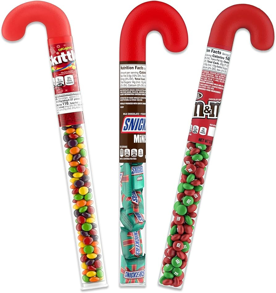 Snackivore Mini Snickers Candy Cane Tube, Christmas Skittles Filled Candy Cane Tube, and Christma... | Amazon (US)