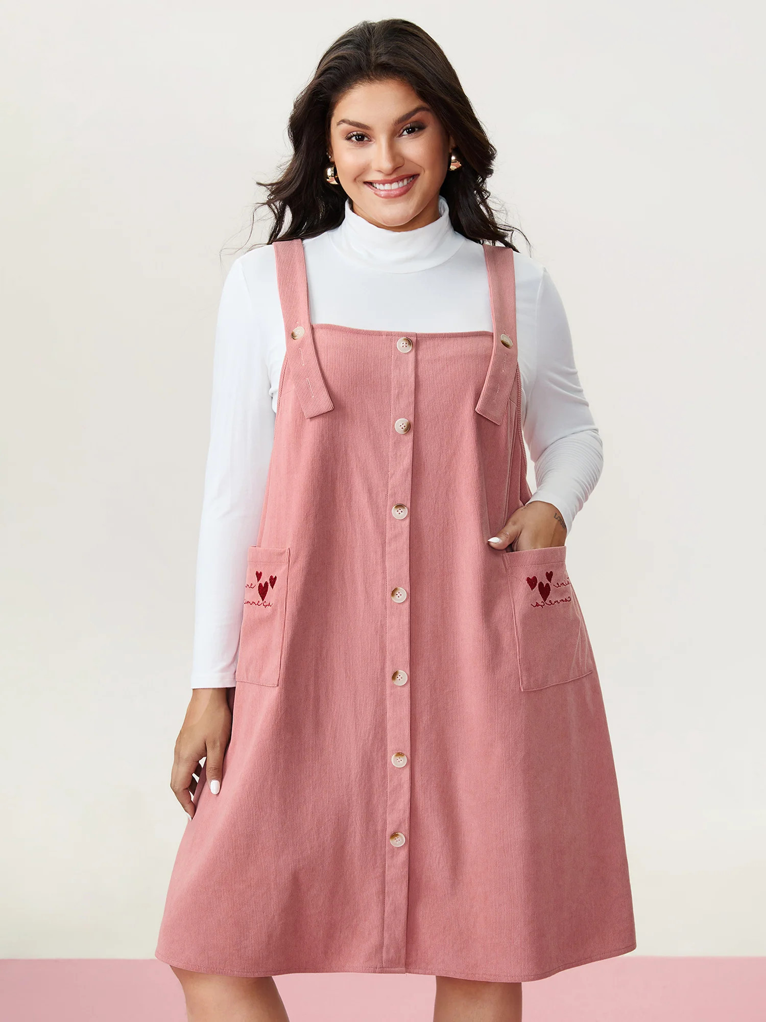Heart Embroidered Pockets Adjustable Overall Dress | Bloomchic