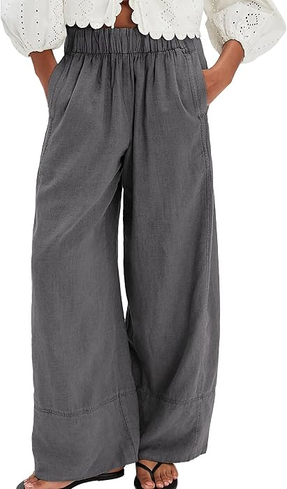 Loose Fit Bottom, Elastic Waist Pant, Mid Rise Pullon Trousers, Wide Leg Pants Woman, Ankle Lengt... | Amazon (US)