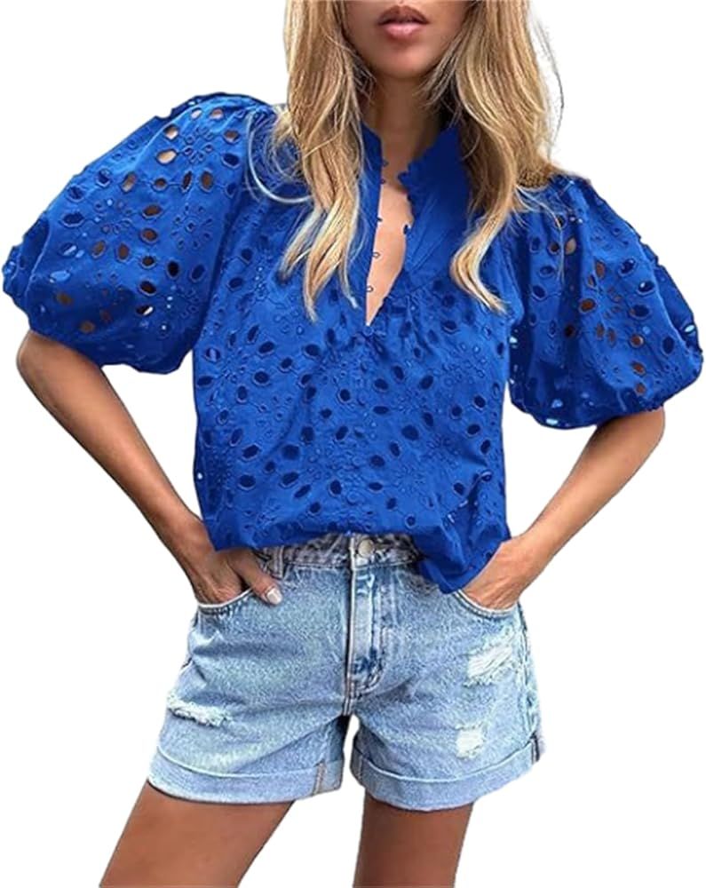 hathne Women's Embroidered Eyelet Blouses Tops Summer V Neck Hollow Out Lantern Short Sleeve Shir... | Amazon (US)