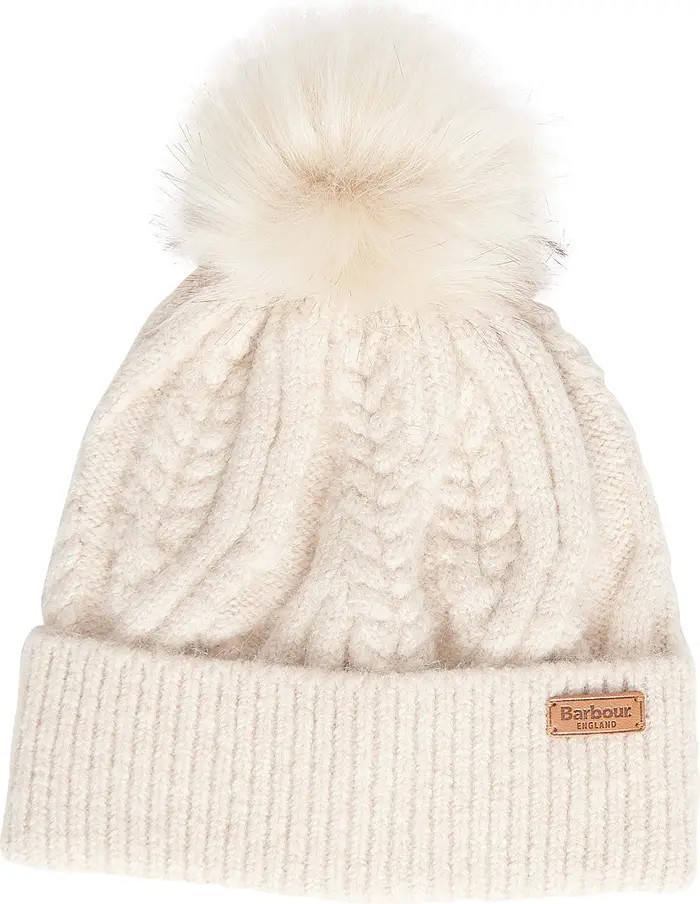 Barbour Elsdon Faux Fur Pompom Cable Stitch Beanie | Nordstrom | Nordstrom
