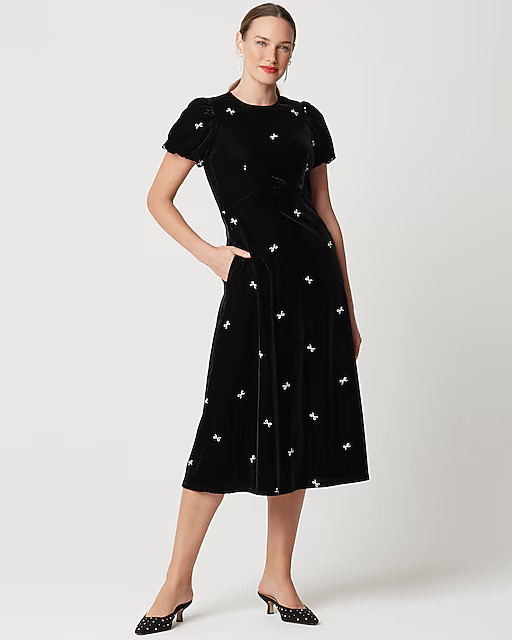 Velvet puff-sleeve midi dress | J.Crew Factory