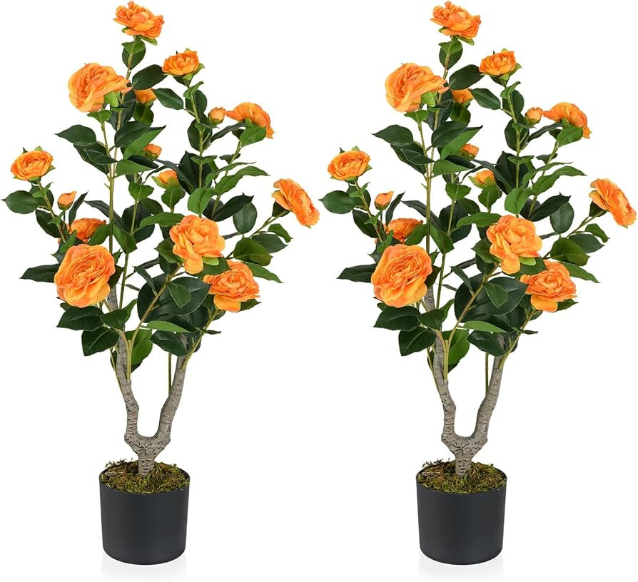 GOFLAME 3FT Artificial Camellia Tree, 2 Pack Faux Camellia Plant with Orange Flowers, Solid Wood ... | Amazon (US)