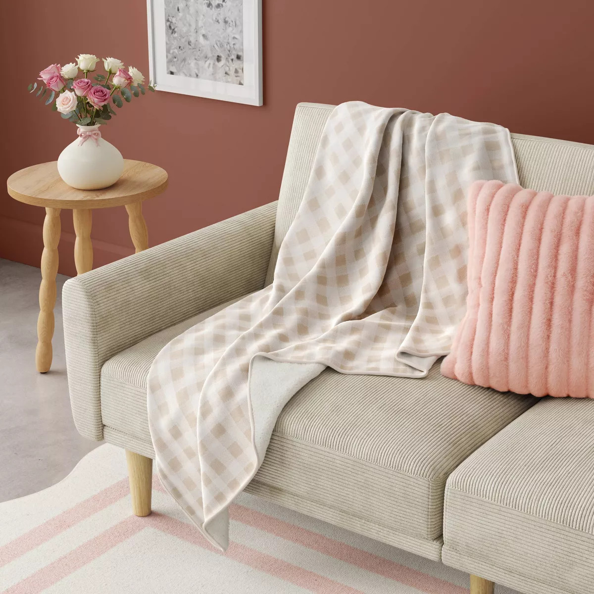 Gingham Printed Chenille Throw Faux Shearling Khaki/White - Room Essentials\u2122 | Target
