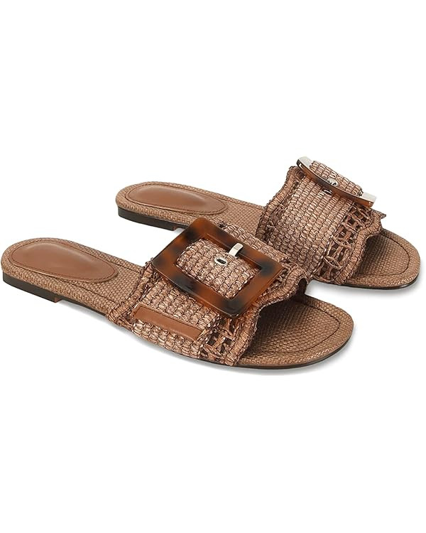 Raffia Sandals for Women Buckle Straw flats Woven Braided Rattan Slides Summer Beach Sandals Comf... | Amazon (US)