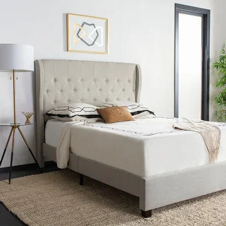 SAFAVIEH Blanchett Light Grey Linen Queen Tufted Wingback Bed | Bed Bath & Beyond