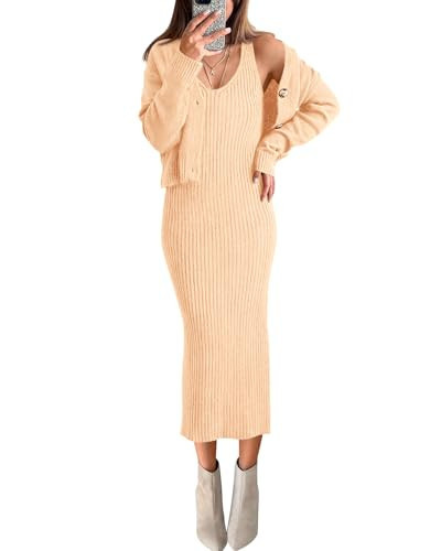 BTFBM Women Fall Knit Sweater Dress Set Bodycon Slit Midi Dresses Button Down Long Sleeve Cropped Cardigan 2 Piece Sets(Beige, Medium) | Amazon (US)
