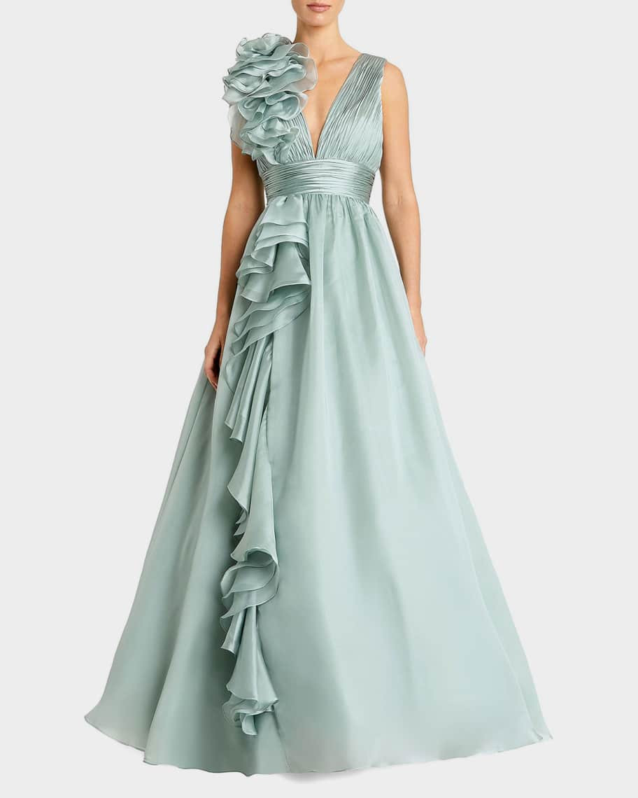 Sleeveless Deep V-Neck Ruffle Gown | Neiman Marcus