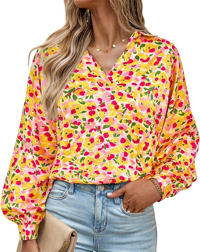 BTFBM Women's Casual Boho Blouse Tops Abstract Print Lapel V Neck Lantern Long Sleeve Summer Spri... | Amazon (US)