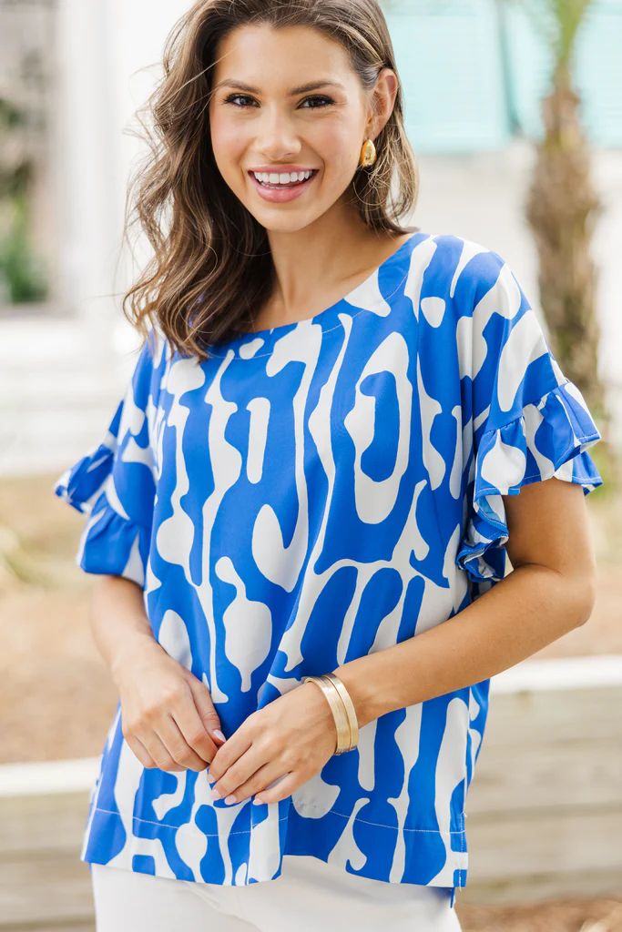Can't Wait Sapphire Blue Abstract Blouse | The Mint Julep Boutique