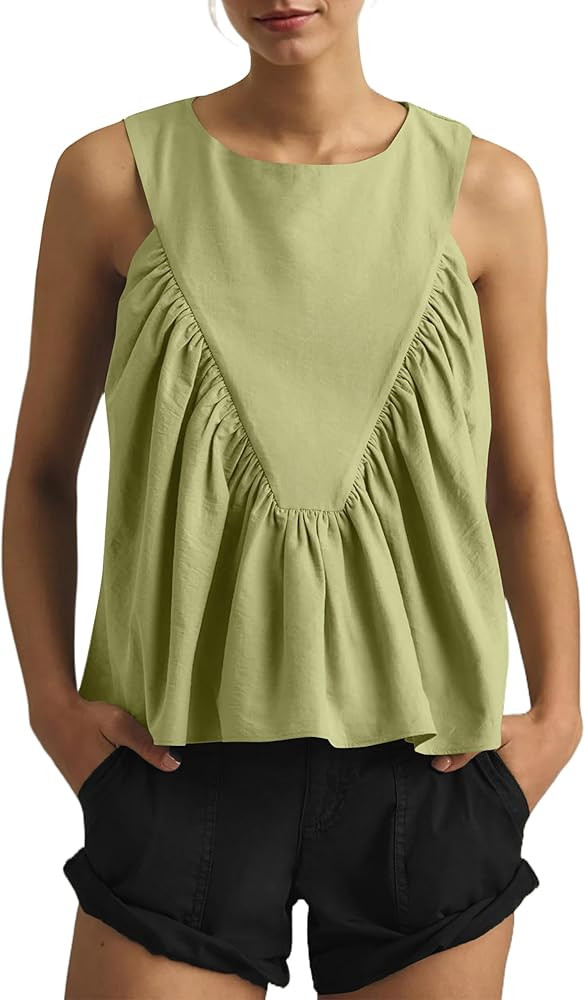Womens Peplum Babydoll Tank Top Crew Neck Loose Fit Summer Tank Tops Swing Sleeveless Shirred Ruf... | Amazon (US)