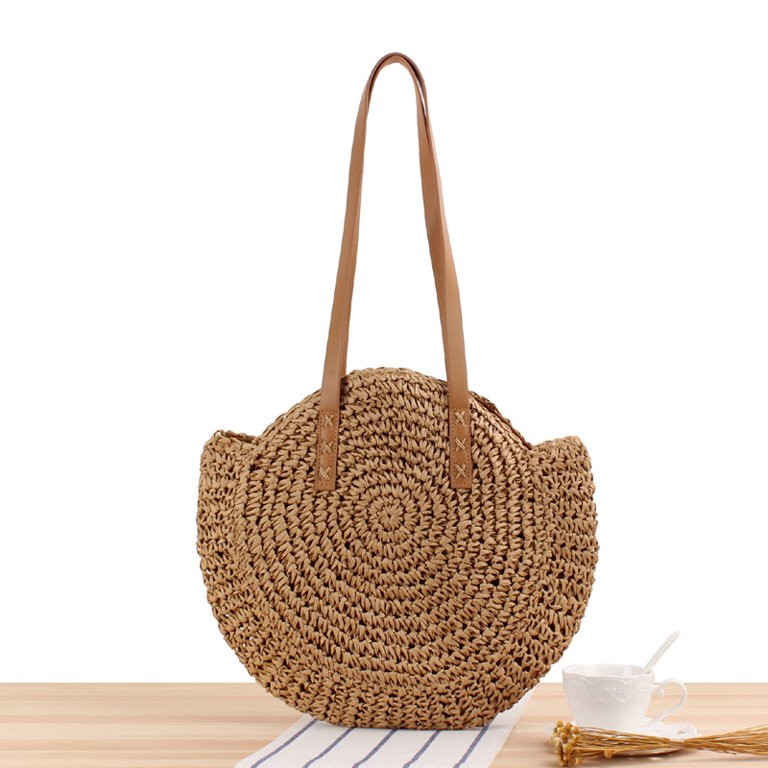 2024 Straw Shoulder Bag Simple Fashionable Round Large Hollowed Out Handmade Beach Bag for Women ... | Walmart (US)
