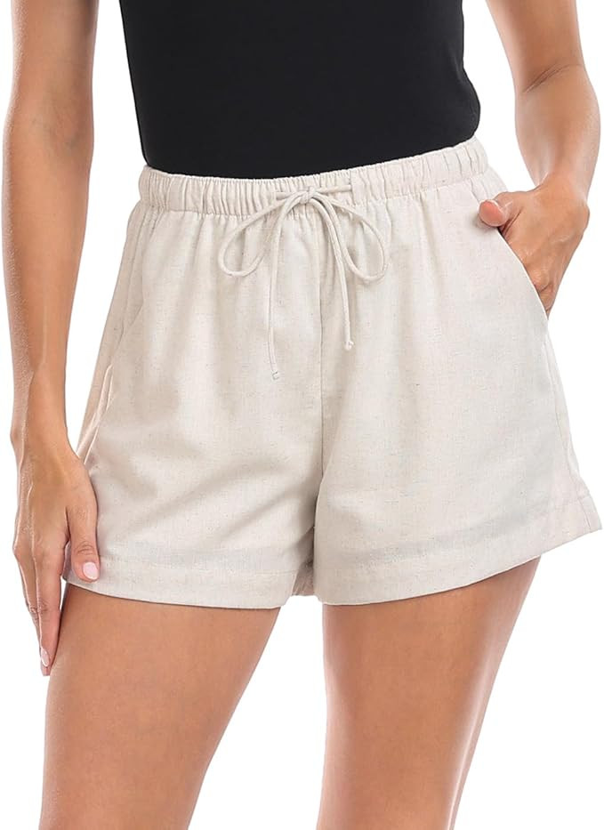 HDE Women's Linen Blend Drawstring Shorts High Waisted 4" Inseam Summer Shorts | Amazon (US)