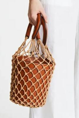 NWT Staud Moreau Brown Leather Net Bucket Bag MSRP $375 | eBay US