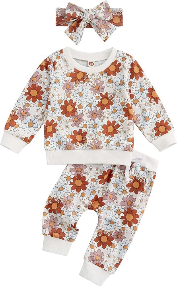 3Pcs Baby Girl Outfits Daisy Sweatshirt + Pants + Headband Infant Fall Winter Clothes | Amazon (US)