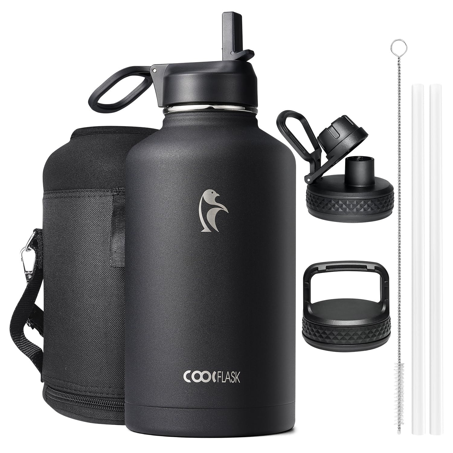 Coolflask Insulated Water Bottle 2L - 3 Lids with Straw & Spout & Handle, Leakproof Vacuum Stainl... | Amazon (UK)
