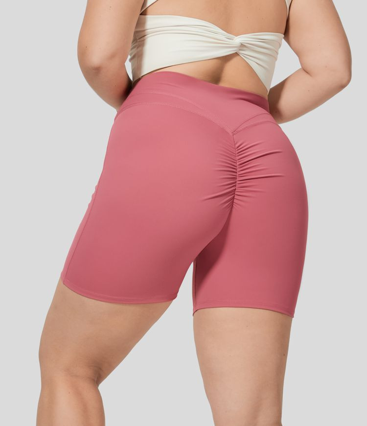 Softlyzero™ Plush High Waisted Crossover Ruched Yoga Plus Size Shorts 5''-UPF50+ | HALARA