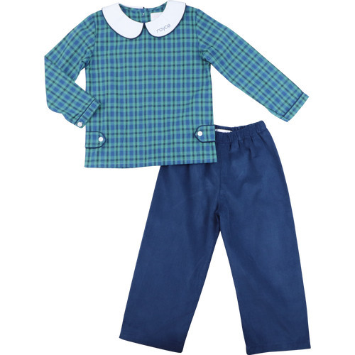 Boys Green And Navy Plaid Corduroy Pant Set | Cecil and Lou