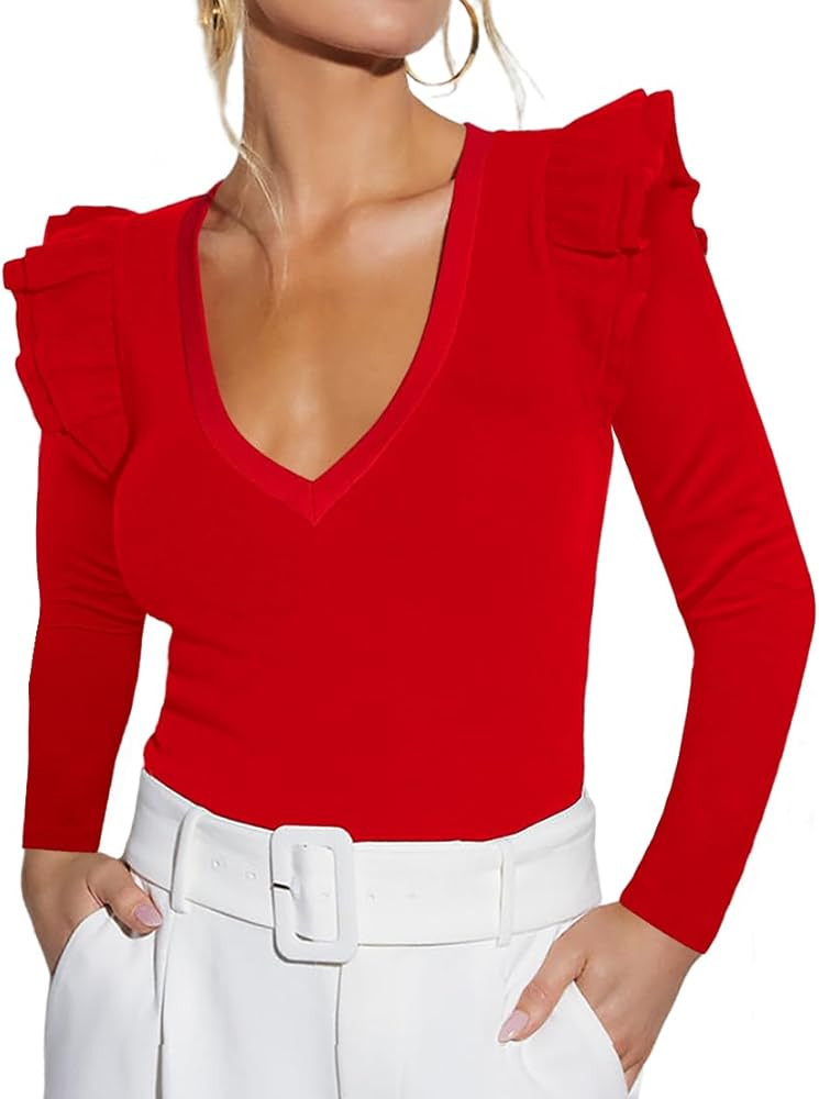 Ezbelle Women's Long Sleeve V Neck Ruffle Shirts Ribbed Knit Blouses Sxey Trendy Fall Tops 2026 F... | Amazon (US)