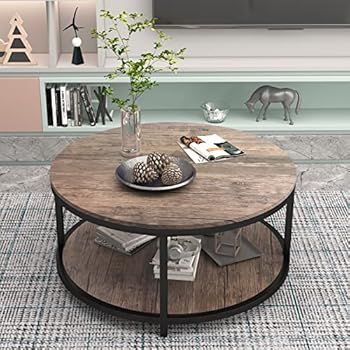 NSdirect 36 inches Round Coffee Table, Rustic Wooden Surface Top & Sturdy Metal Legs Industrial Sofa | Amazon (US)