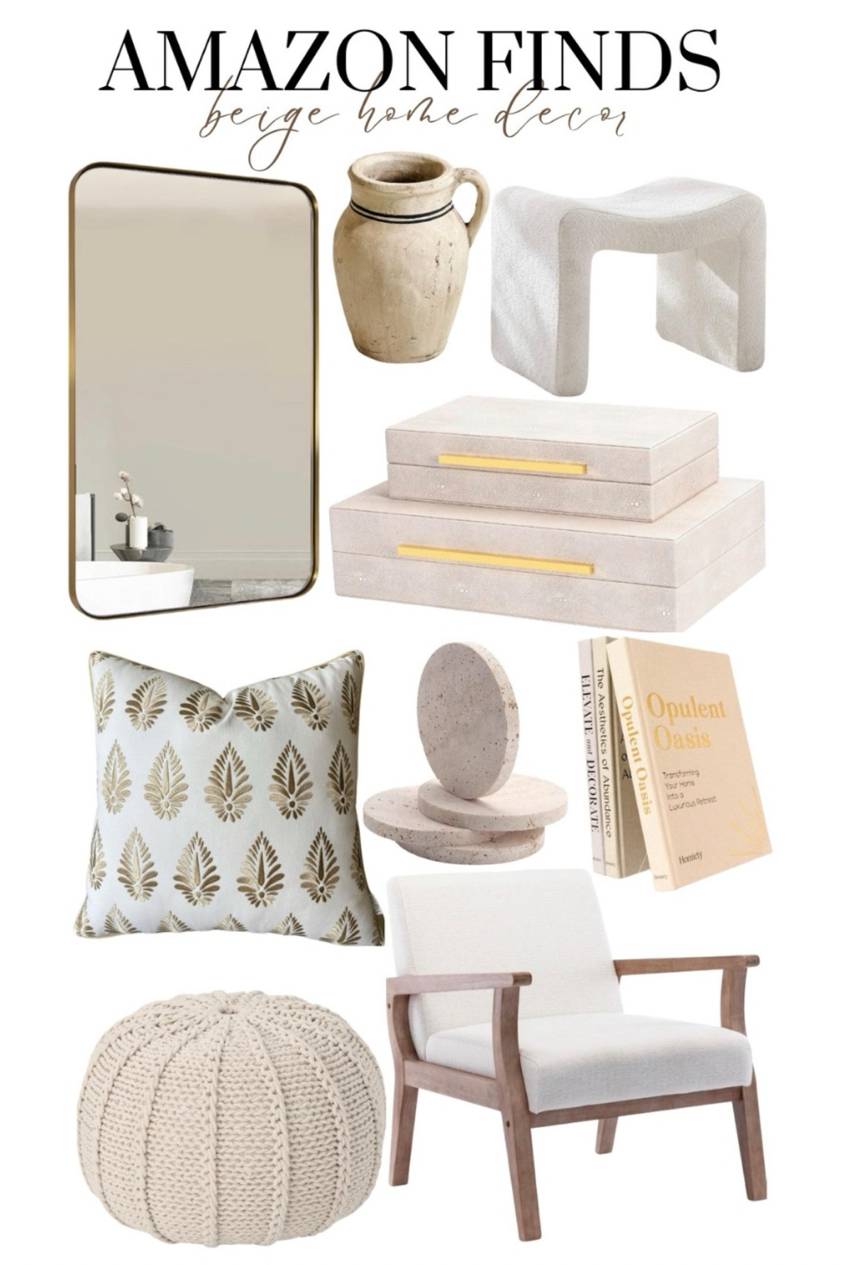 Beige Neutral Chic Home Living Room Decor #roundededgemirror #roungeedgemirror #tanvase #sherpafootstool 

#LTKHome #LTKStyleTip