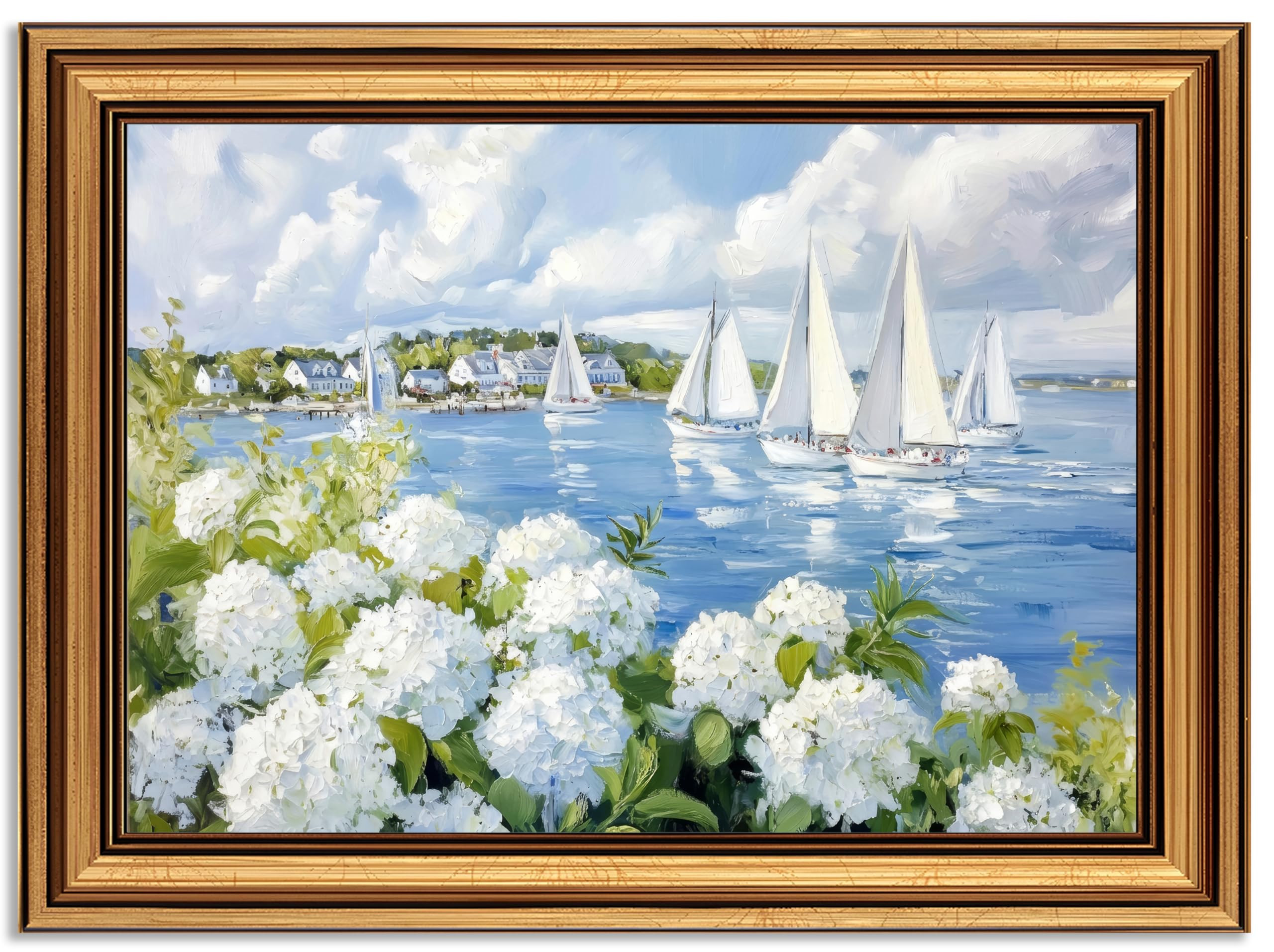 Vintage Gold Framed Coastal Wall Art Sailboat Seascape Wall Decor White Hydrangea Painting Pictur... | Amazon (US)