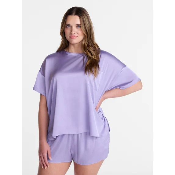 Joyspun Women’s Short Sleeve Stretch Satin Top and Shorts Pajama Set, 2-Piece, Sizes XS-3X | Walmart (US)
