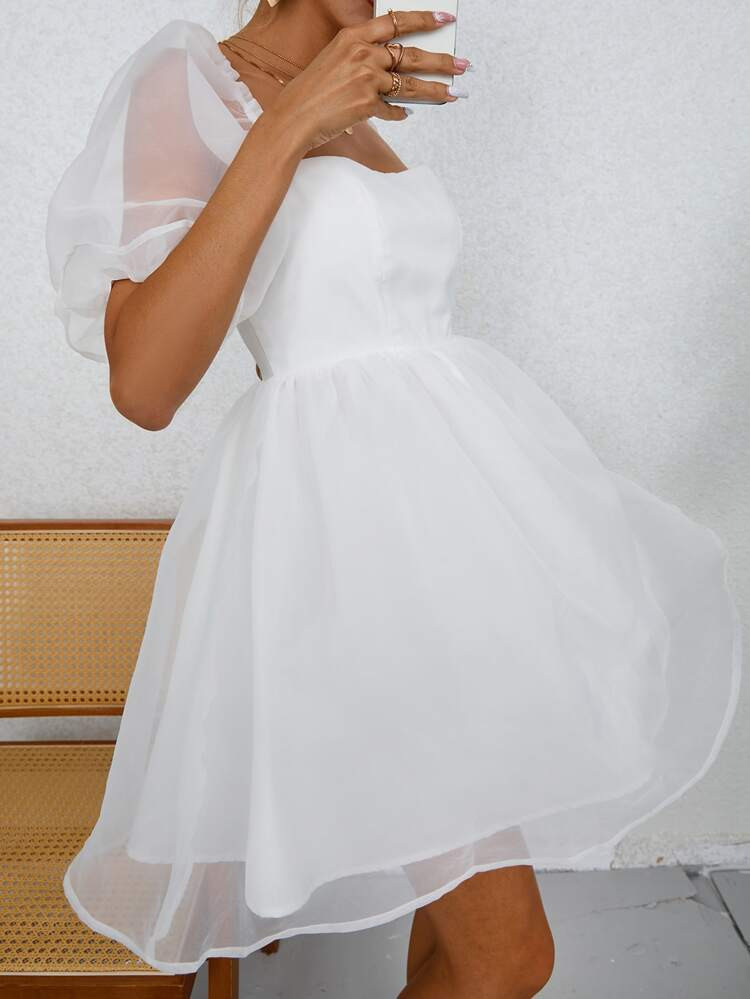 Square Neck Flounce Sleeve Mesh Overlay Dress | SHEIN