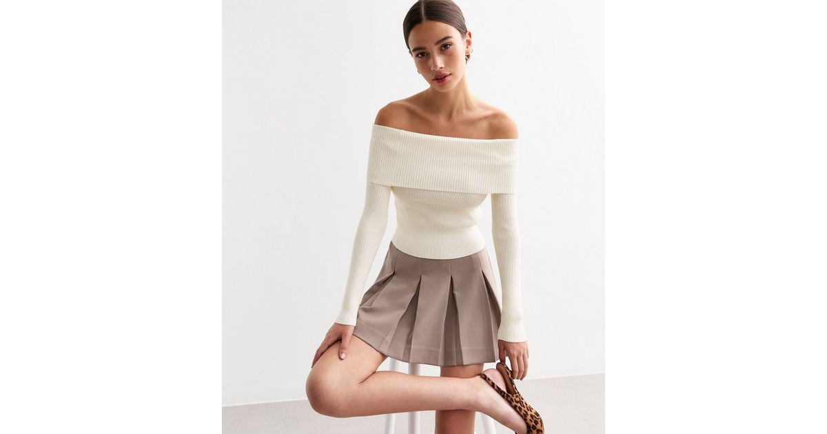 Cream Rib Knit Foldover Bardot Jumper  | New Look | New Look (UK)