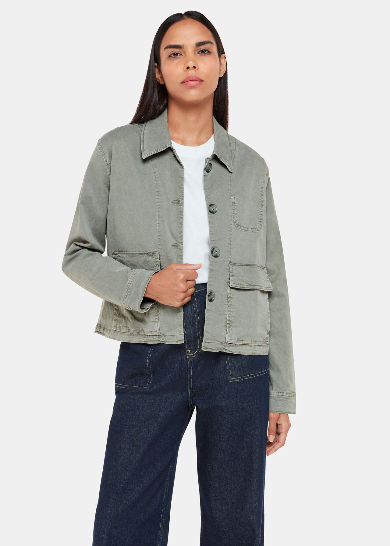Casual Jacket in Khaki with Front Pockets | Whistles | Whistles UK | | Whistles