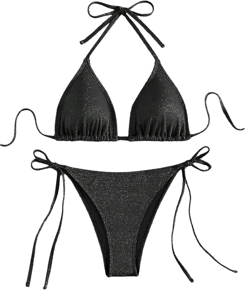GORGLITTER Women's Sparkly String Bikini Sequin Halter Triangle Swimsuit Thong Bathing Suit | Amazon (US)