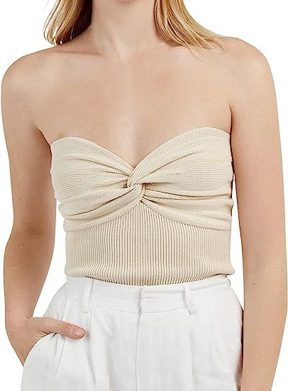 MISSACTIVER Women’s Sexy Twist Front Knitted Tube Top Strapless Solid Ruched Rib-Knit Crop Top ... | Amazon (US)
