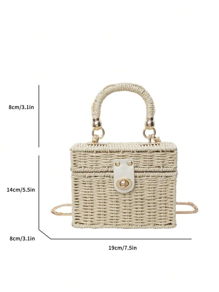 Fashionable Women's Woven Box Handbag, Straw Tote Bag, Elegant Solid Color, Fixed Handle, Adjustable & Comfortable Chain Strap, Metal Snap Lock Closure, Suitable For Beach Vacation, Seaside Travel, Versatile | SHEIN