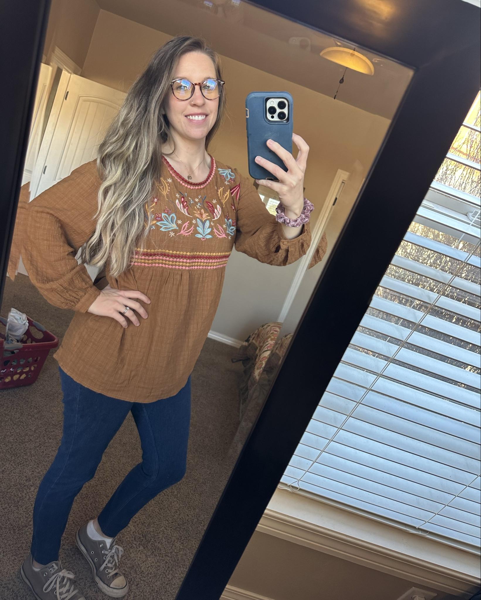 Outfit details:
•glasses: nectar, cobalt edition, blue light blocking (I linked a similar blue light-blocking version + linked the exact same frame option in readers from Walmart!)
•necklace: was a gift from friend after my first early miscarriage with our baby, River Bliss in 2021 (linked similar on Etsy)
•scrunchie: mine is from natural life (linked similar colors)
•top: I thrifted mine (Andre brand…linked several similar options)
•pants: jeggings are Walmart 
•shoes: converse men’s lol (men’s are usually cheaper ;-)

#LTKStyleTip #LTKFindsUnder100 #LTKSpringSale