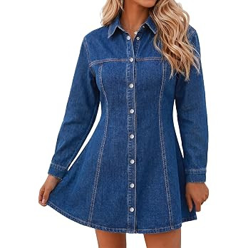 Womens Denim Shirt Dress Long Sleeve Button Down Jean Dresses | Amazon (US)