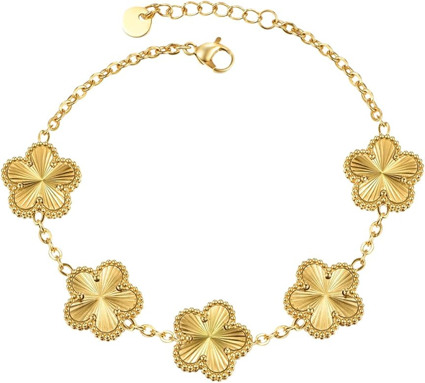 Four Leaf Clover Bracelet for Women 14K Gold Plated Stainless Steel Link Bracelet Wrist Jewelry | Amazon (US)