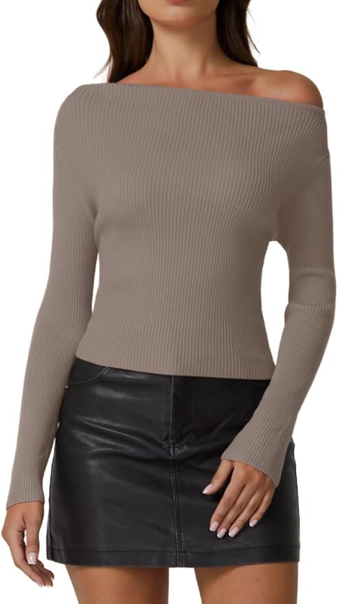QINSEN Womens Asymmetrical Neck Sweater Slim Fit Long Sleeve Knit Pullover Top | Amazon (US)