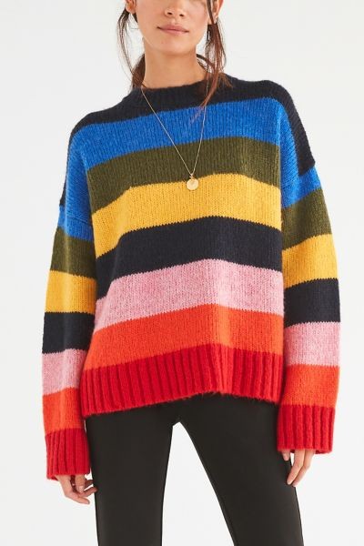 UO Kari Rainbow Striped Oversized Sweater - Red XS at Urban Outfitters | Urban Outfitters US