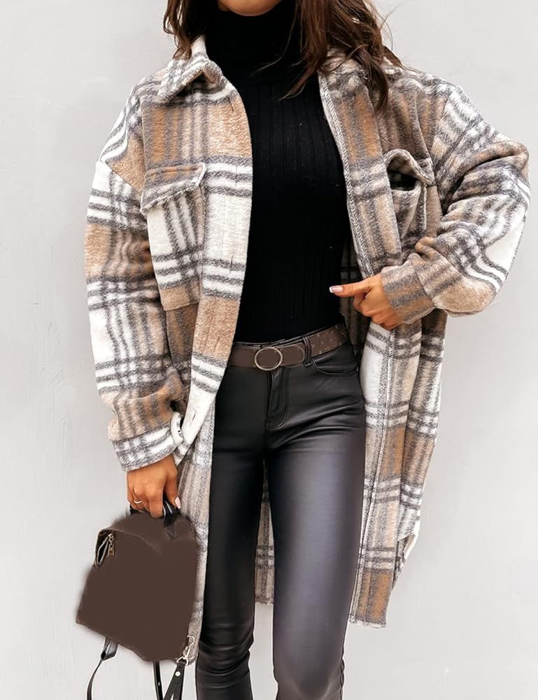 Esmeling Womens Plaid Shacket Brushed Flannel Shirt Jacket Mid Long Wool Blend Tartan Coat | Amazon (US)