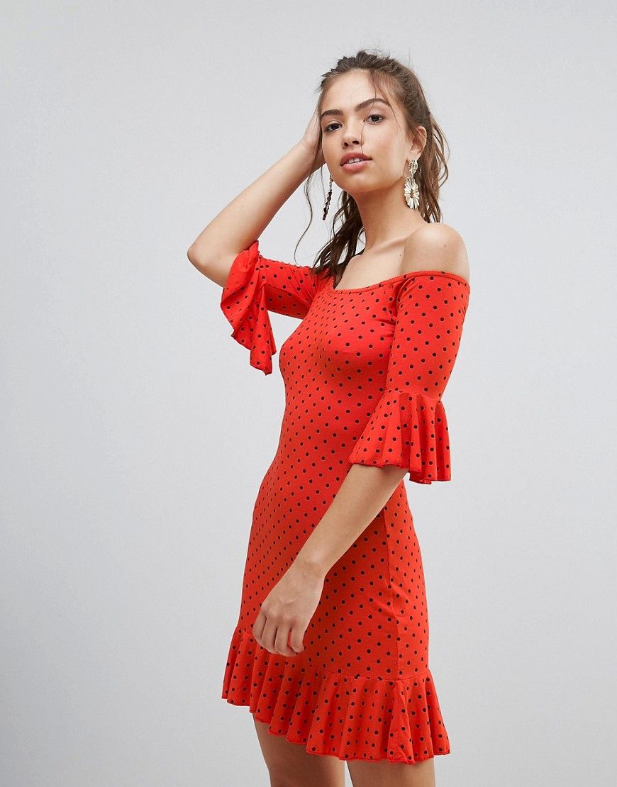 Daisy Street Polka Dot Off The Shoulder Dress With Frill Trim - Red | ASOS US