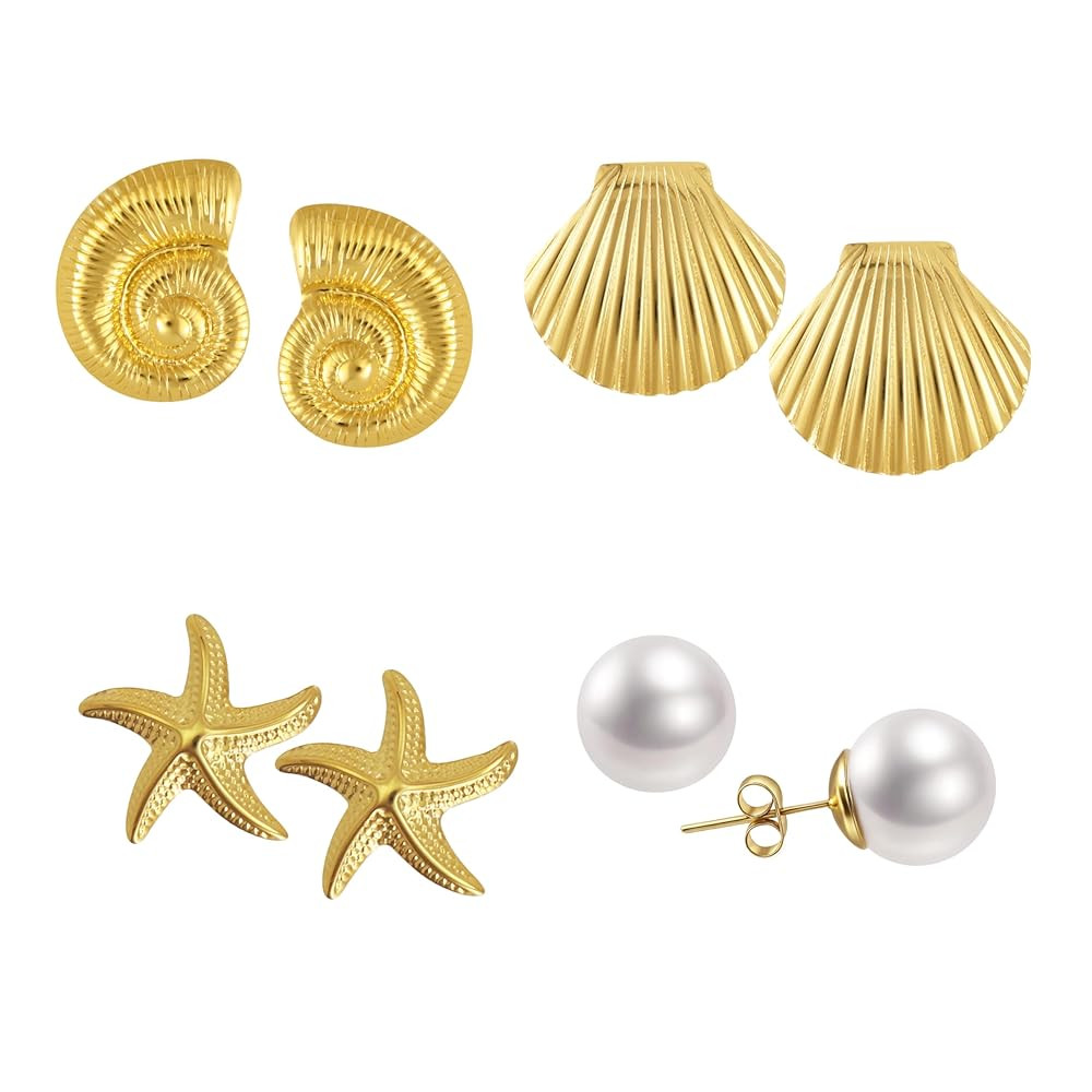4 Pairs of Gold Statement Stud Earrings, Shell/Conch/Starfish/Pearl Earrings,Beach Jewelry,Beachy... | Amazon (US)
