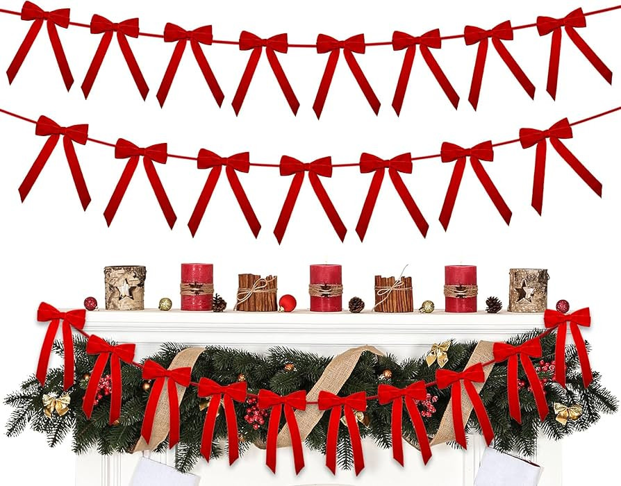 Christmas Velvet Bows Garland, 10ft Pre-Strung Christmas Garland Banner with 15 Bows, Indoor Vint... | Amazon (US)